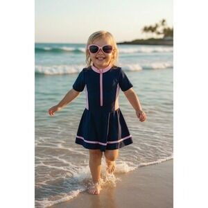 NEW Girls 4-5 Navy Pink Zipper‎ Swim Dress Short Sleeve Beach Pool